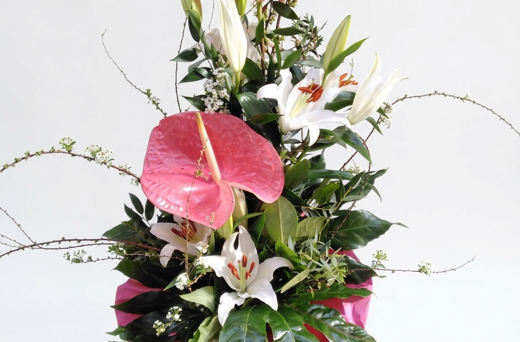 Blumenstrauß hochgebunden in rosa/weiß